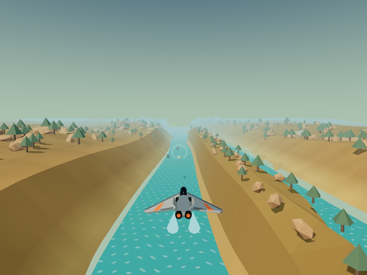 Fighter flying over a river between islands and canyons in 3D